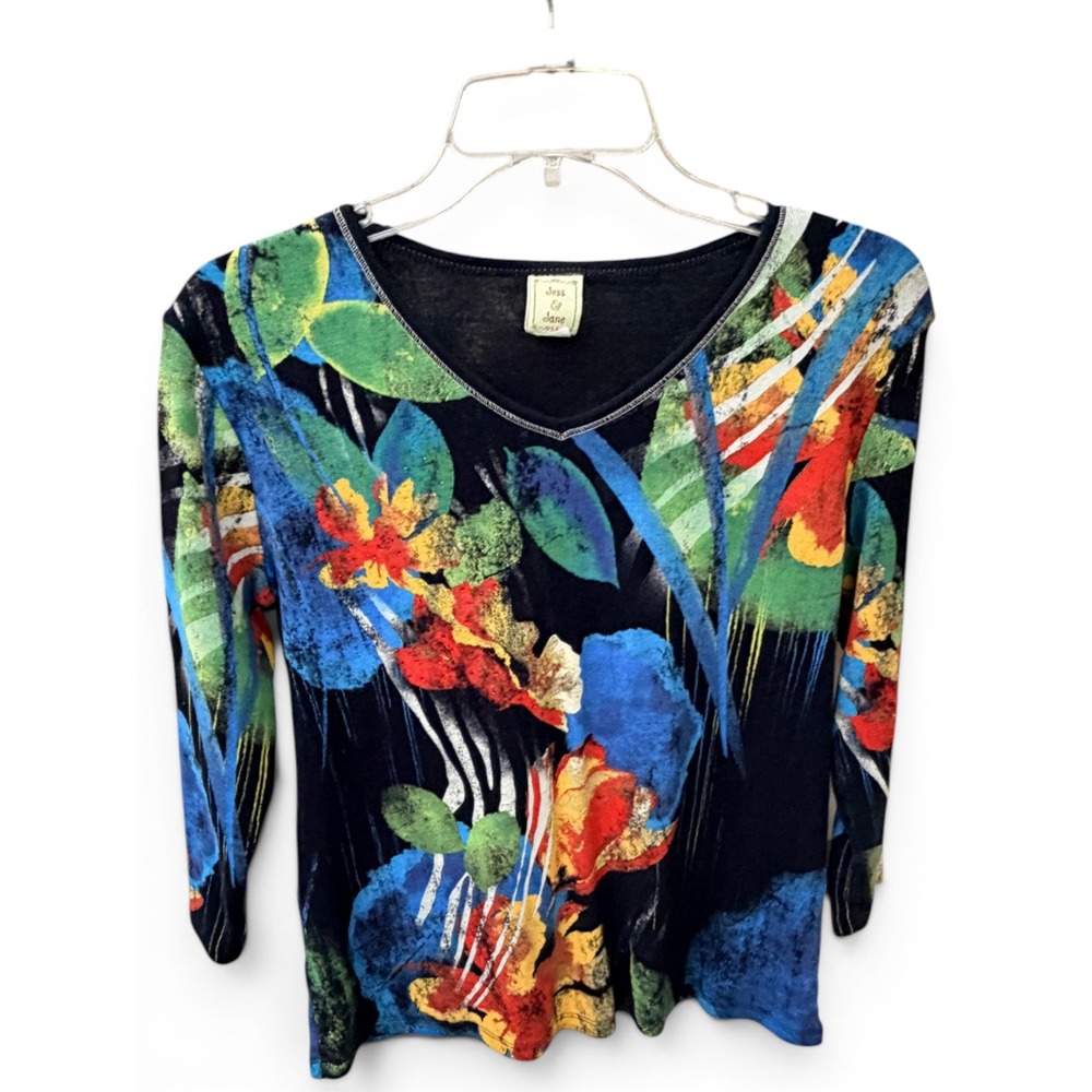Jess & Jane Top M Black Floral Abstract V-Neck 3/4 Sleeve Cotton Vintage Y2K